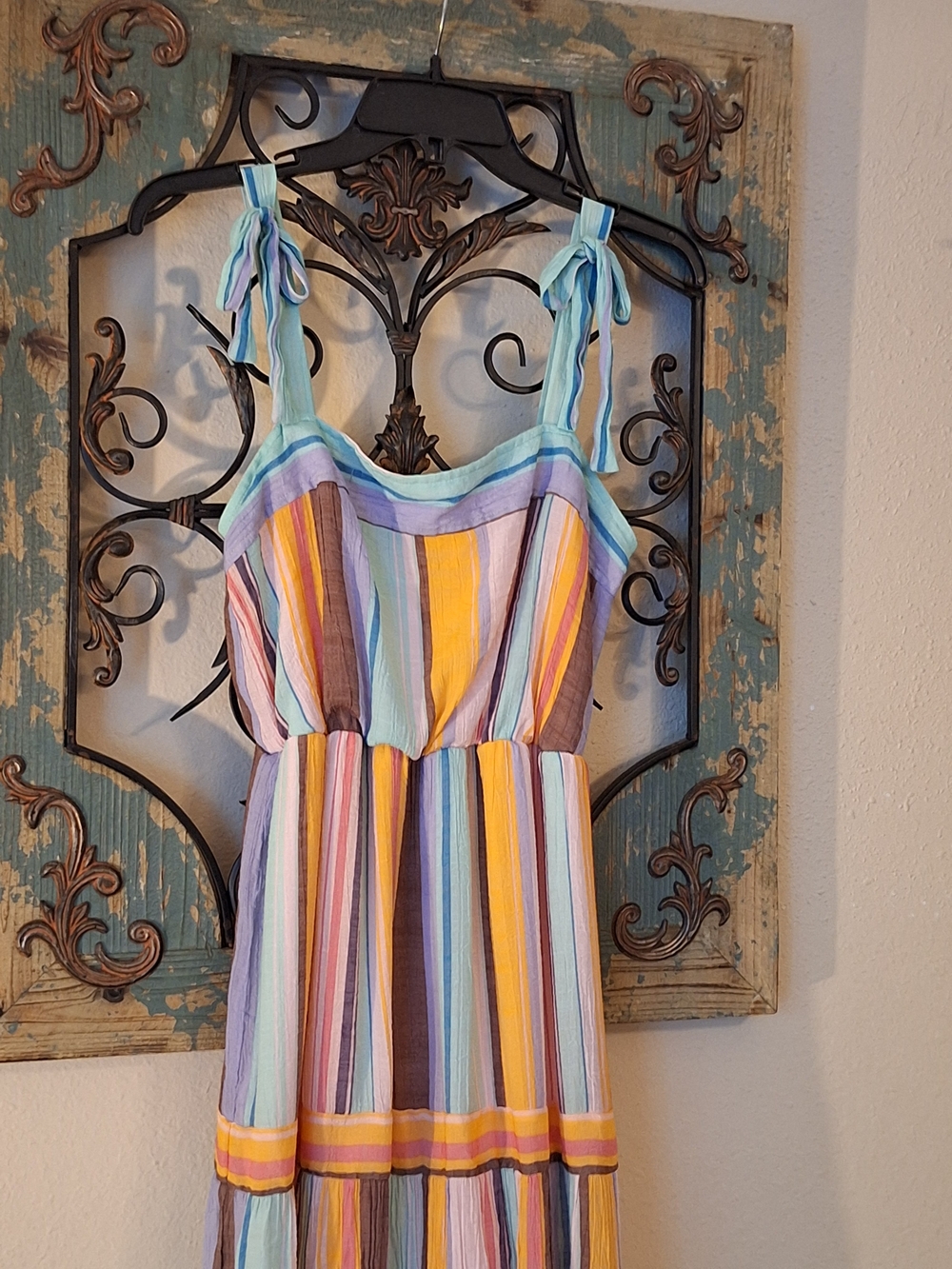 Striped Pastel Tiered Maxi Dress with Adjustable Straps. Size Medium - Picture 6 of 12